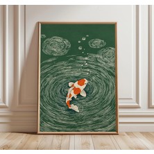 Ninastore Koi Balığı Duvar Sanatı Japon Dalgalanma Illüstrasyonu Minimalist Yeşil ve Turuncu Baskı Zen Su Posteri