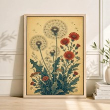 Ninastore Yabani Çiçek Botanik Posteri, Vintage Çiçekli Duvar Sanatı Baskısı, Karahindiba Tohum Başları, Turuncu Yabani Çiçekler