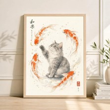 Ninastore Kedi ve Koi Balığı Suluboya Baskı Japon Zen Duvar Sanatı Sumi-E Posteri
