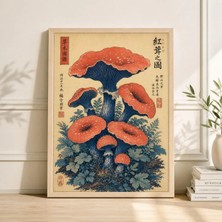 Ninastore Kırmızı Mantar Botanik Posteri Japon Ahşap Baskı Tarzı Sanat Vintage Doğa Illüstrasyonu