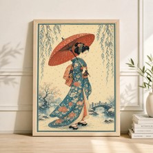 Ninastore Japon Geyşa Posteri | Mavi Kimono ve Kırmızı Şemsiye Sanatı | Vintage Ukiyo-E Tarzı Baskı