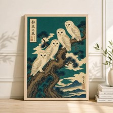 Ninastore Çam Dalında Baykuşlar Duvar Sanatı Japon Tarzı Doğa Baskısı Koyu Yeşil Dekor