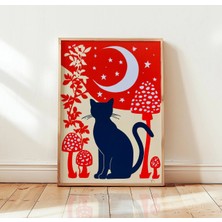 Ninastore Siyah Kedi Ay Duvar Sanatı | Kırmızı Mantar Gece Gökyüzü Baskısı | Göksel Kedi Posteri