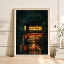Ninastore Japon Yağmurlu Sokak Posteri Turkuaz Gece Dükkan Cephesi Şehir Illüstrasyon Baskısı Kentsel Duvar Sanatı