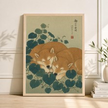 Ninastore Yeşil ve Kırmızı Shiba Inu Japon Ahşap Baskı Tarzı Hayvan Illüstrasyonu Nötr Botanik Sanatı