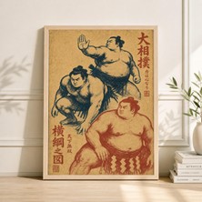 Ninastore Sumo Güreşçisi Posteri Kırmızı Siyah Japon Figürleri Vintage Linol Baskı Tarzı Duvar Sanatı