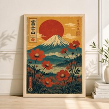 Ninastore Turkuaz ve Mercan Dağ Posteri Baskısı | Japon Manzara Duvar Sanatı | Red Sun Botanical