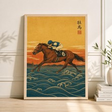 Ninastore Yarış Atı Posteri Japon Linol Baskı Vintage Binicilik Duvar Sanatı Ukiyo-E Koşan At Üzerinde Jokey