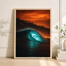 Ninastore Parıldayan Gün Batımı Dalga Posteri Sahil Şehri Işıkları Sanat Baskısı Hüzünlü Okyanus Duvar Dekoru