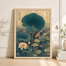 Ninastore Lotus ve Koi Posteri, Mavi Su Dokusu Üzerine Japon Botanik Sanatı Baskısı