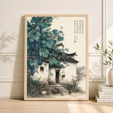 Ninastore Japon Köyü Baskılı Rustik Ev, Mavi Sarmaşıklar, Asya Manzarası Duvar Dekoru
