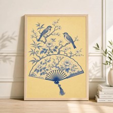 Ninastore Japon Kuşu Yelpazesi Posteri | Mavi Çiçekli Oryantal Sanat Baskısı | Vintage Tarzı Duvar Dekoru