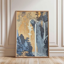 Ninastore Japon Şelalesi Posteri Dağ Kayalığı Asya Manzarası Duvar Sanatı Doğa Baskısı Dikey Dekor Minimalist Ev Sanatı Japon Mürekkep Stili