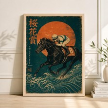 Ninastore Japon At Yarışı Baskısı Ukiyo Tarzı Poster Siyah Koşan At Jokey Duvar Sanatı