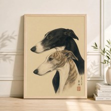 Ninastore Çizgili Tazı Köpek Posteri | Siyah Beyaz Tazı Portresi | Japon Tarzı Hayvan Duvar Sanatı