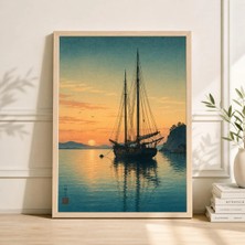 Ninastore Japon Deniz Manzarası Baskısı, Vintage Yelkenli Sanatı, Kıyı Gün Batımı Ev Dekorasyonu