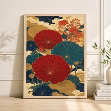 Ninastore Kırmızı Turkuaz Çiçekli Poster Baskı | Japon Botanik Duvar Sanatı | Dokulu Vintage Tarzı Illüstrasyon