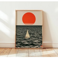 Ninastore Japon Kırmızı Güneş Yelkenlisi Baskısı | Minimalist Okyanus Duvar Sanatı | Retro Deniz Manzarası Posteri