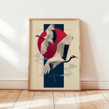 Ninastore Japon Turnası Duvar Sanatı Baskısı Minimalist Kırmızı Güneş Poster Tasarımı Zarif Asya Kuşu Çerçevesiz Sanat Eseri Modern Oryantal Dekor