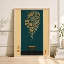 Ninastore Japon Tütsü Posteri Baskısı Turkuaz ve Açık Kahverengi Zen Duvar Sanatı Minimalist Asya Duman Illüstrasyonu