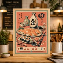 Ninastore Japon Suşi Posteri, Somon Nigiri ve Sake Illüstrasyonu, Mercan Mutfak Duvar Sanatı