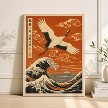 Ninastore Japon Turnası Posteri, Cesur Turuncu Dalga Illüstrasyonu, Ahşap Baskı Sanatı Tarzı