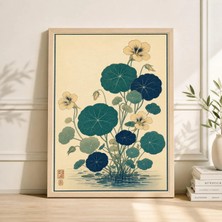 Ninastore Mavi Yeşil Lotus Botanik Posteri Japon Bitki Illüstrasyonu Minimalist Asya Duvar Sanatı