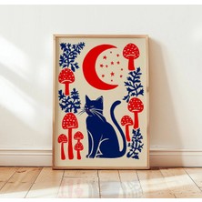 Ninastore Göksel Kedi Duvar Sanatı | Gece Yarısı Kedisi Posteri | Kırmızı Ay ve Yıldızlar Dekorasyonu | Boho Mantar Illüstrasyonu