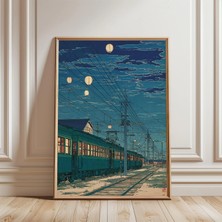 Ninastore Mavi Japon Gece Treni Posteri | Vintage Demiryolu Illüstrasyonu Duvar Sanatı