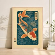 Ninastore Japon Koi Balığı Sanat Baskısı Geleneksel Mavi ve Turuncu Tasarım