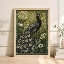 Ninastore Yeşil Tavus Kuşu Çayırı Posteri Siyah Beyaz Ahşap Baskı Kuş Sanatı Baskısı Vintage Botanik Linol Baskı