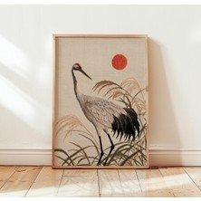 Ninastore Japon Turnası Duvar Sanatı | Kırmızı Güneş Kuşu Baskısı | Minimalist Asya Dekorasyonu