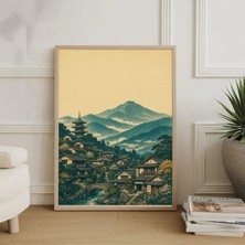 Ninastore Yeşil Dağ Köyü Posteri Japon Yamaç Evleri Manzarası Minimalist Duvar Sanatı