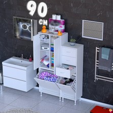modilayn Ohbe 90 cm 2 Kirli Sepetli 2 Kapaklı 6 Raflı 3 Çekmeceli Çok Amaçlı Banyo Dolabı