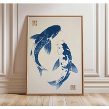 Ninastore Koi Balığı Posteri – Japon Duvar Sanatı Baskısı Mavi Mürekkep Fırça Boyama Zen Minimalist Dekor Geleneksel Asya Sanatı Feng Shui Ev Tasarımı
