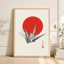 Ninastore Origami Turna Duvar Sanatı Japon Minimalist Poster Kırmızı Güneş Kağıt Kuş Baskısı