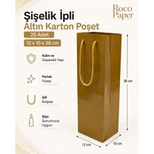 Şişelik Ipli Altın Karton Poşet, 25 Adet - 12X10X38 Cm, Kalın Yapılı Premium Hediye Taşıma Çantası