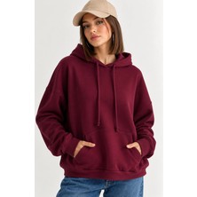 Mevese Taş Işlemeli Kanat Detaylı Kapüşonlu Rahat Kesim Kanguru Cepli Kadın Sweatshirt - Mürdüm