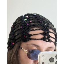 LinAlya Jewelry Kroşe Örgü Pullu Siyah Saç Aksesuar ve Bandana , Saç Filesi El Yapımı