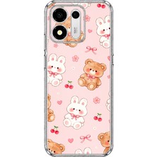 TechTree Honor X7E Plus 5g Uyumlu Pembe Ayıcıklı ve Tavşanlı Kawaii Kiraz Baskılı Silikon Kılıf