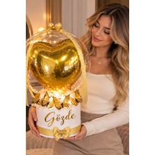 Sole Kişiye Özel Isimli Gold Kalp Balonlu Kelebek Çiçek Buketi Şeffaf Balon Kutusu - Sevgiliye Arkadaşa Hediye