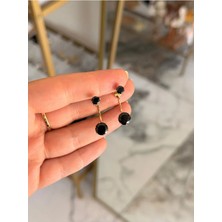 LinAlya Jewelry Siyah Tek Taş Model Gold Detaylı Tasarım Küpe