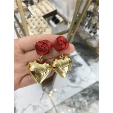 LinAlya Jewelry Kırmızı Gül Detaylı Gold Kalp Küpe