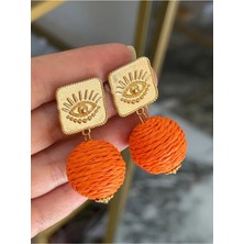 LinAlya Jewelry Gold ve Göz Detaylı Turuncu Hasır Küpe