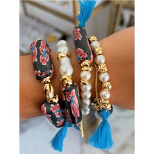 LinAlya Jewelry Nazar ve Gül Detaylı Cam Inci Lastikli Model Bileklik