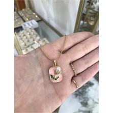 LinAlya Jewelry Pembe Lale ve Inci Detaylı Çelik Sanat Kolye