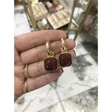 LinAlya Jewelry Gold Detaylı Kare Model Bordo Küpe