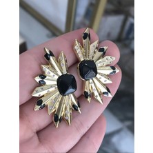 LinAlya Jewelry Güneş Model Siyah Taş Detaylı Küpe