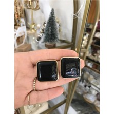 LinAlya Jewelry Kare Gold Detaylı Siyah Küpe