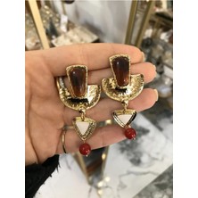 LinAlya Jewelry Vintage Gold Ezme Model Kahverengi Detaylı Küpe